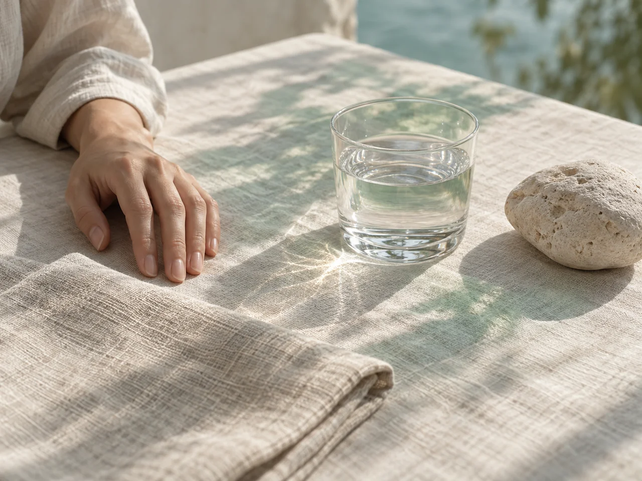 Linen, sunlight, a glass of water and a relaxed hand